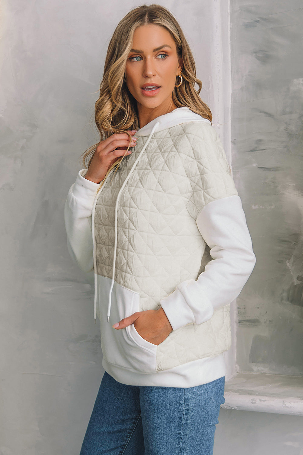 Beige Drop Shoulder Quilted Patchwork Kangaroo Pocket Hoodie eAura