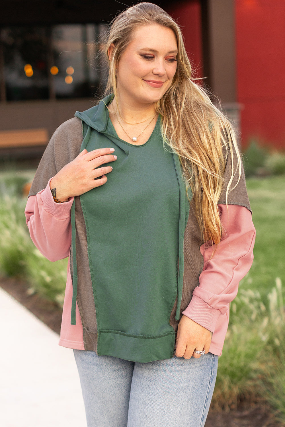Breen Plus Size Colourblock Patchwork V Neck Hoodie BB Fashion Outlet