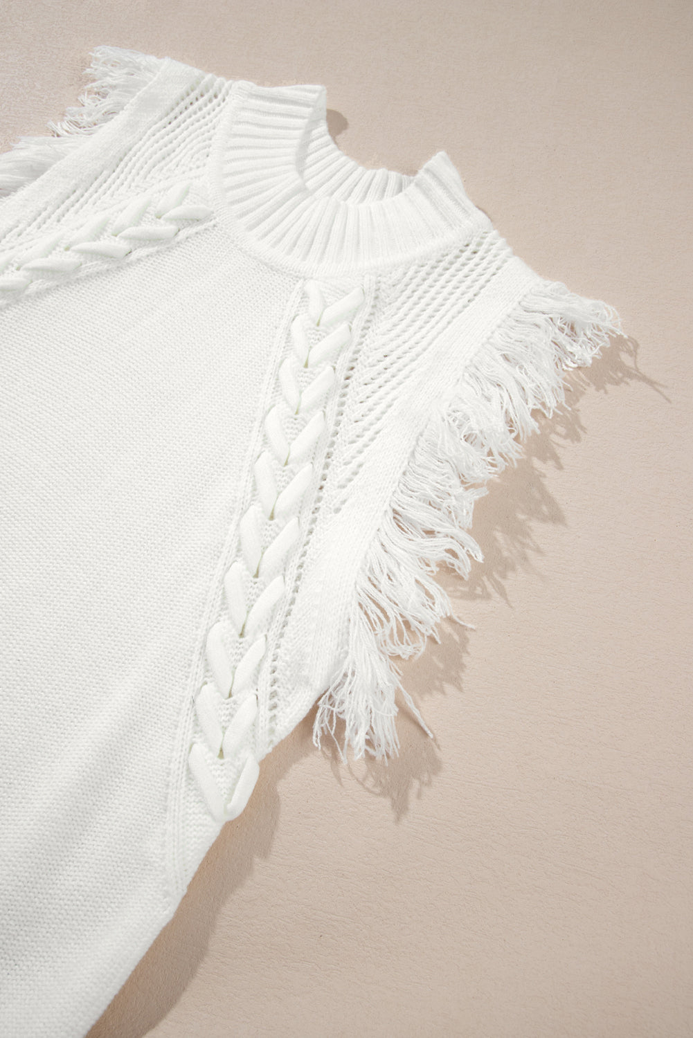 White Woven Tasseled Sleeveless Mock Neck Sweater Vest eAura
