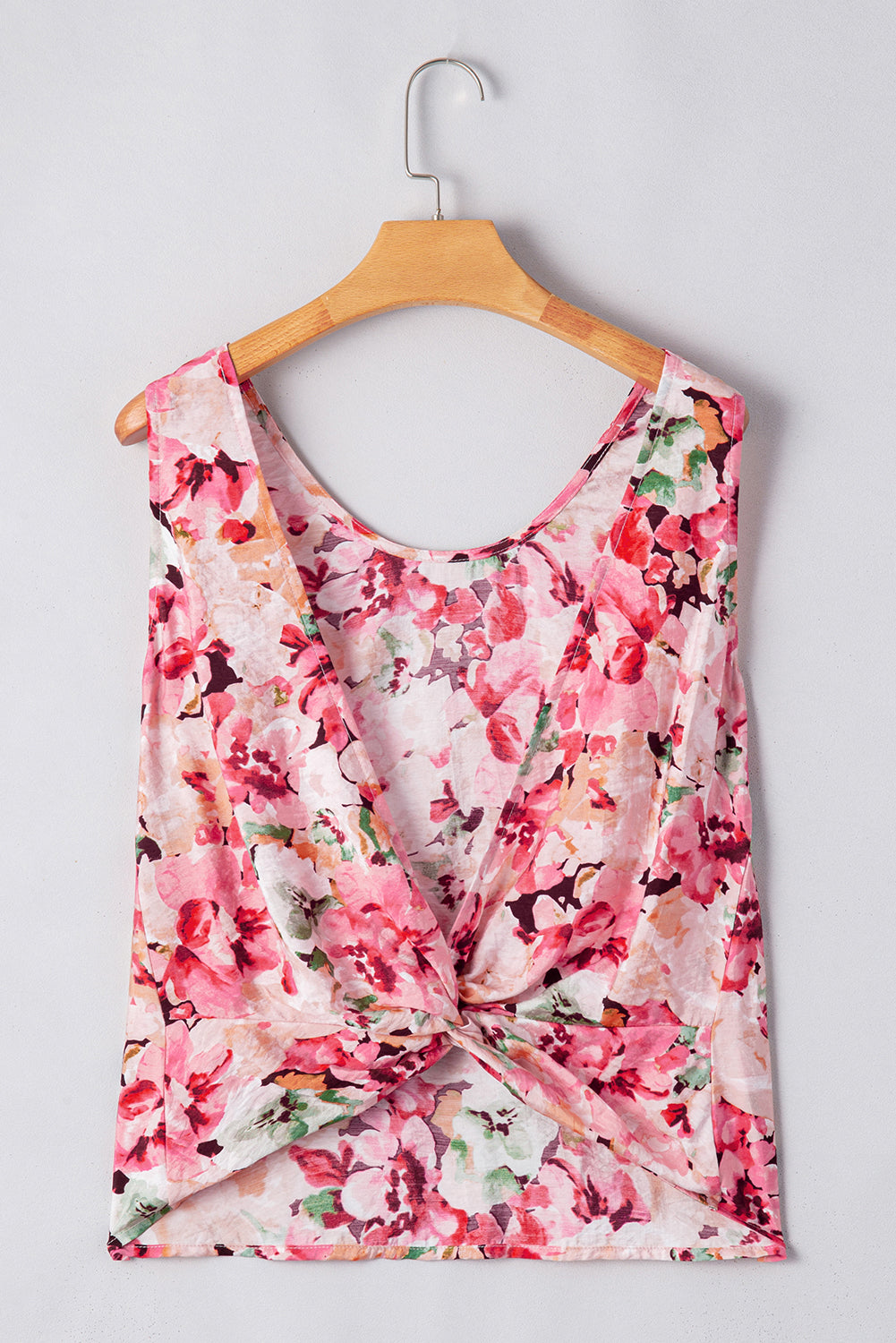 Pink Floral Round Neck Twisted Cut Out Back Tank Top - eAura