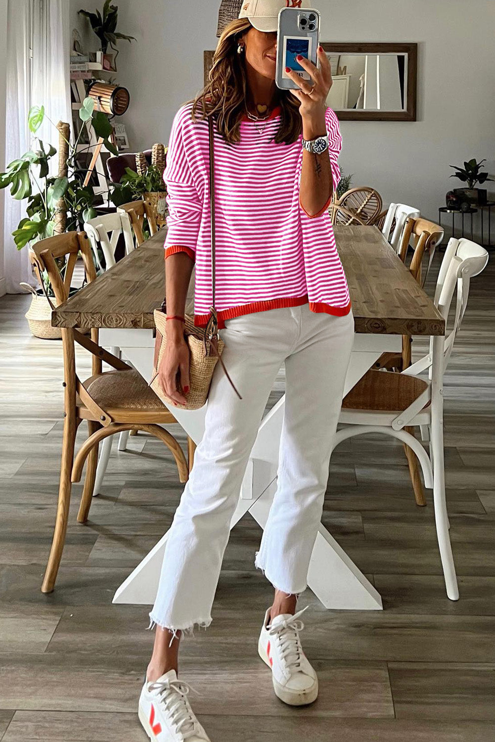 Fiery Red Contrast Trimmed Striped Drop Shoulder Sweater eAura