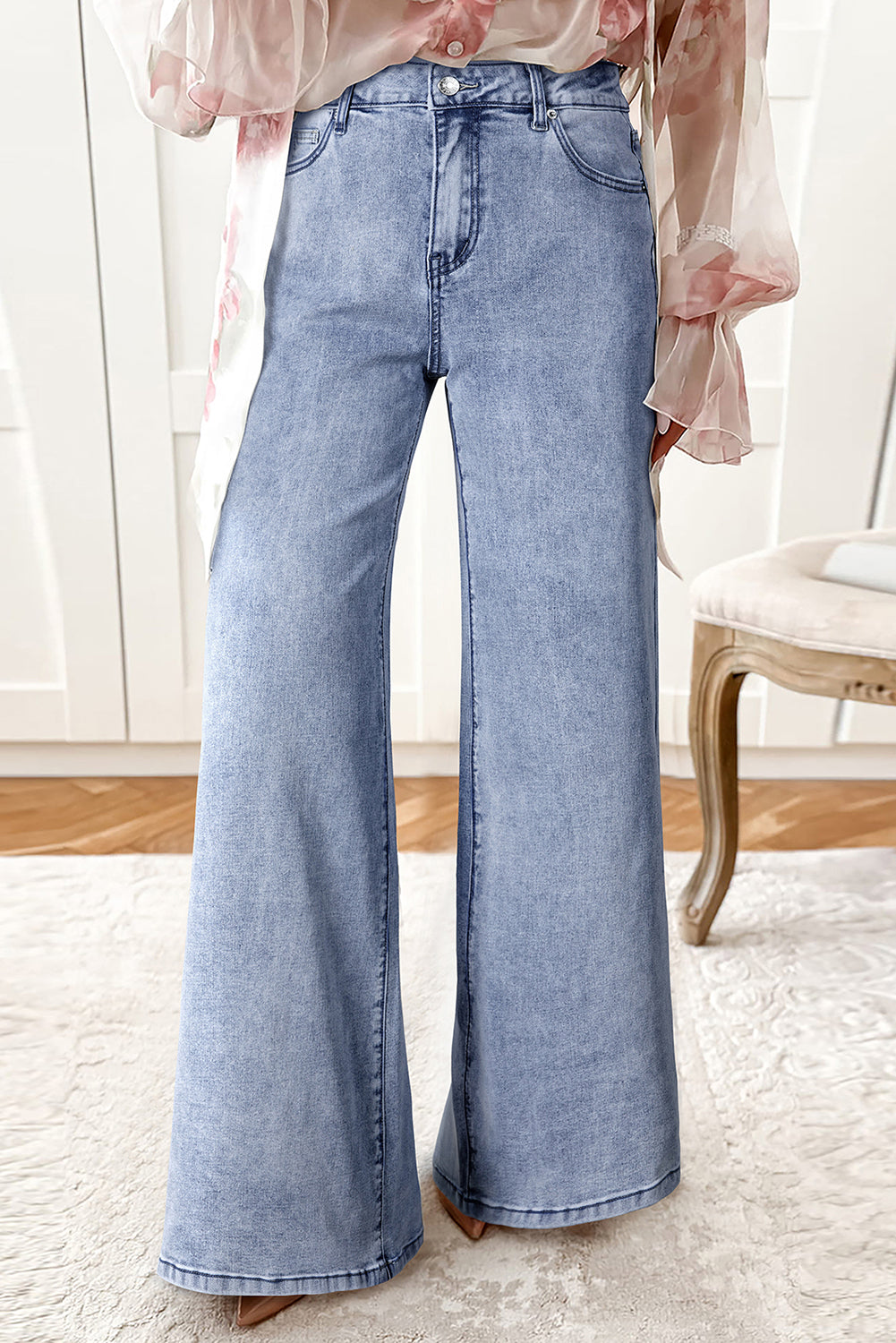 Beau Blue High Waist Button Zip Fly Bell Bottom Flared Jeans eAura