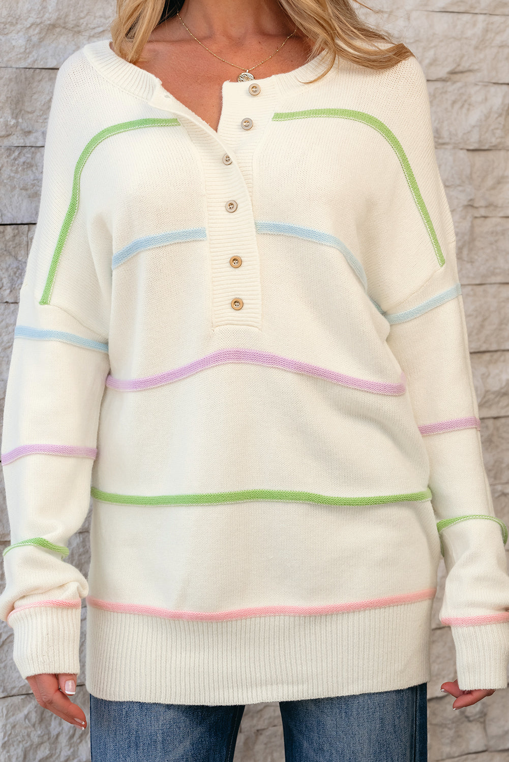 White Rainbow Stripes Drop Shoulder Baggy Henley Sweater eAura