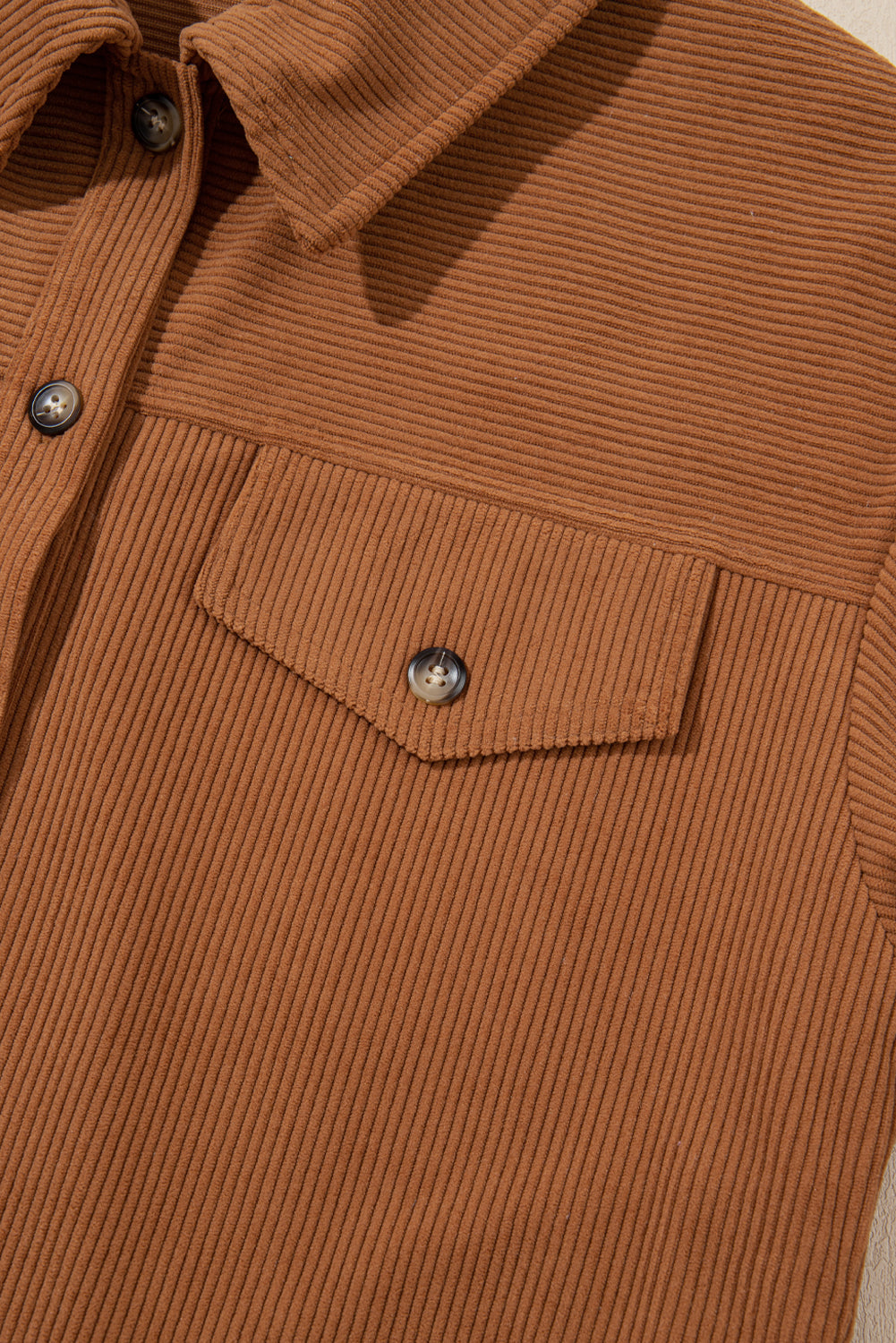 Cinnamon Corduroy Flap Pocket Button Up Round Hem Shacket eAura