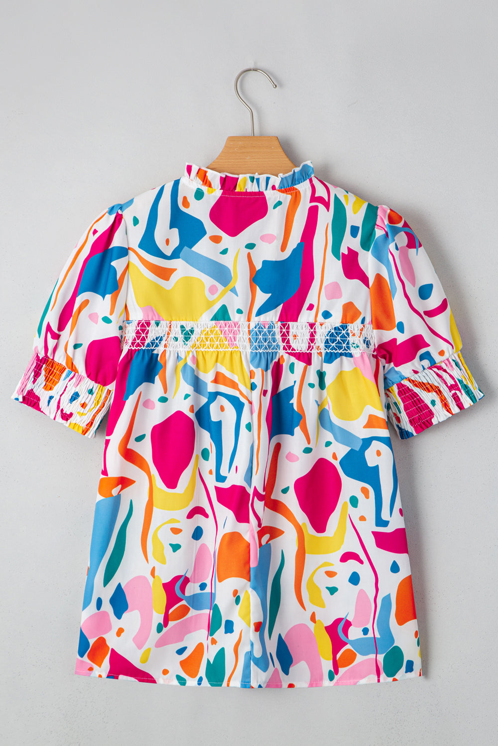 Multicolour Abstract Print Lace Detail Shirred Short Sleeve Split Neck Blouse eAura