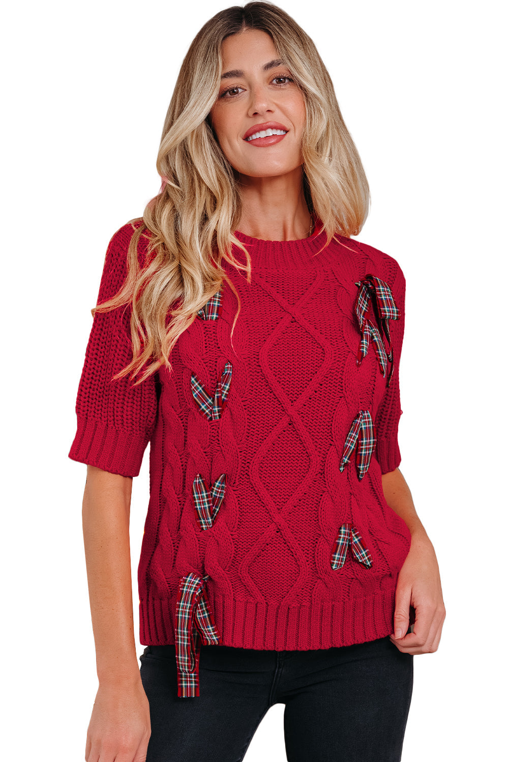 Plaid Lace up Detail Christmas Holiday Puff Short Sleeve Sweater - eAura
