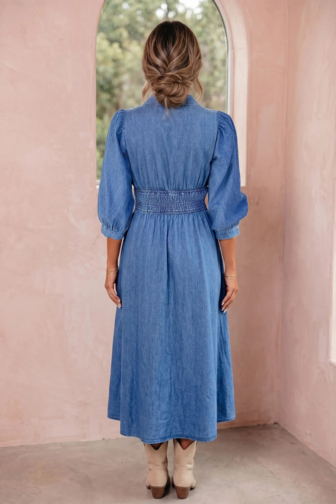 V Neck Shirred Waist Metal Zipper Denim Midi Dress – Blue