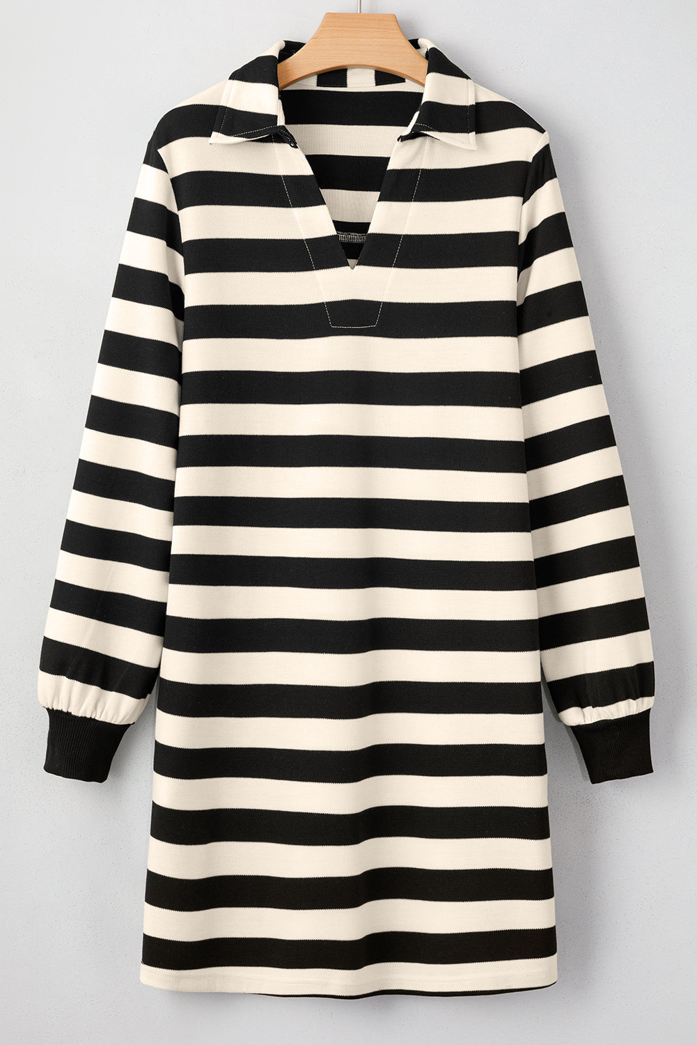 Black Stripe Collared V Neck Long Sleeve Loose Casual Dress BB Fashion Outlet
