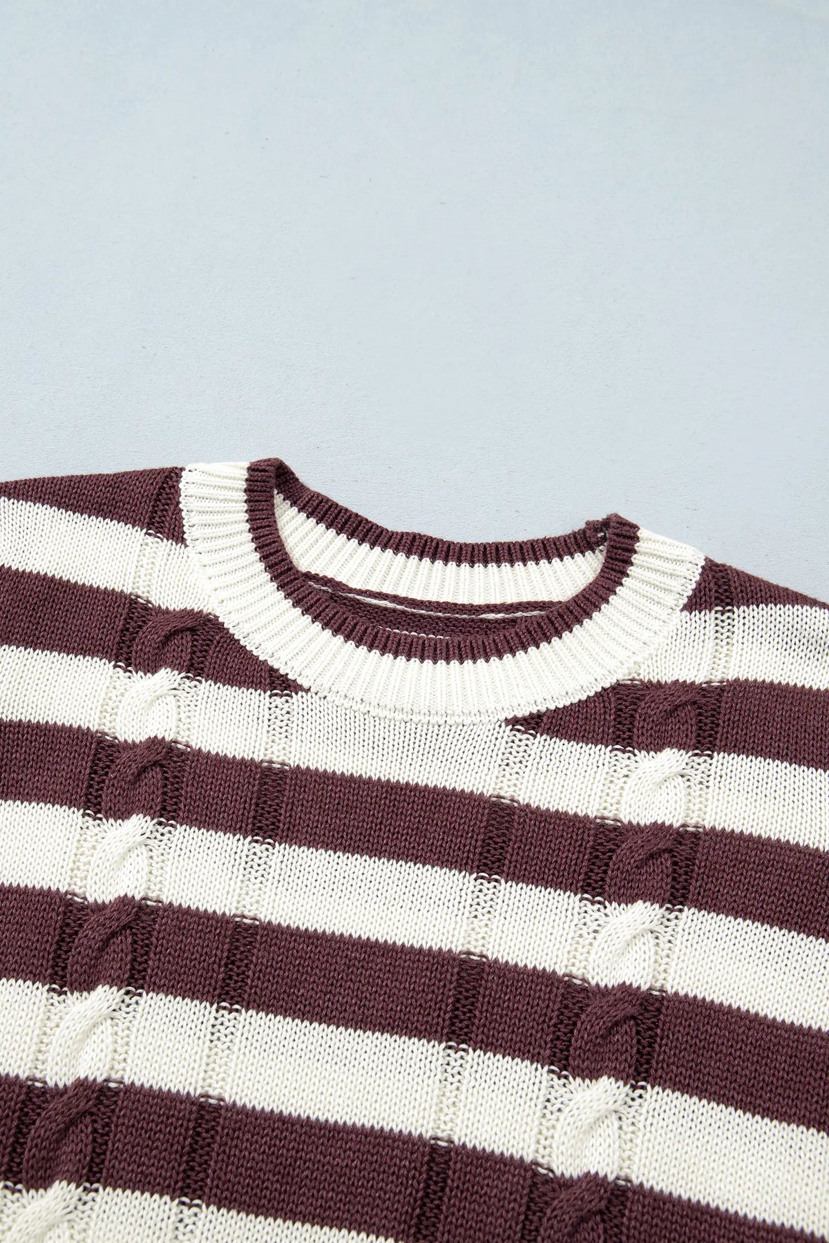 Ribbed Knit Cable Detail Short Sleeve Sweater – Brown Stripe