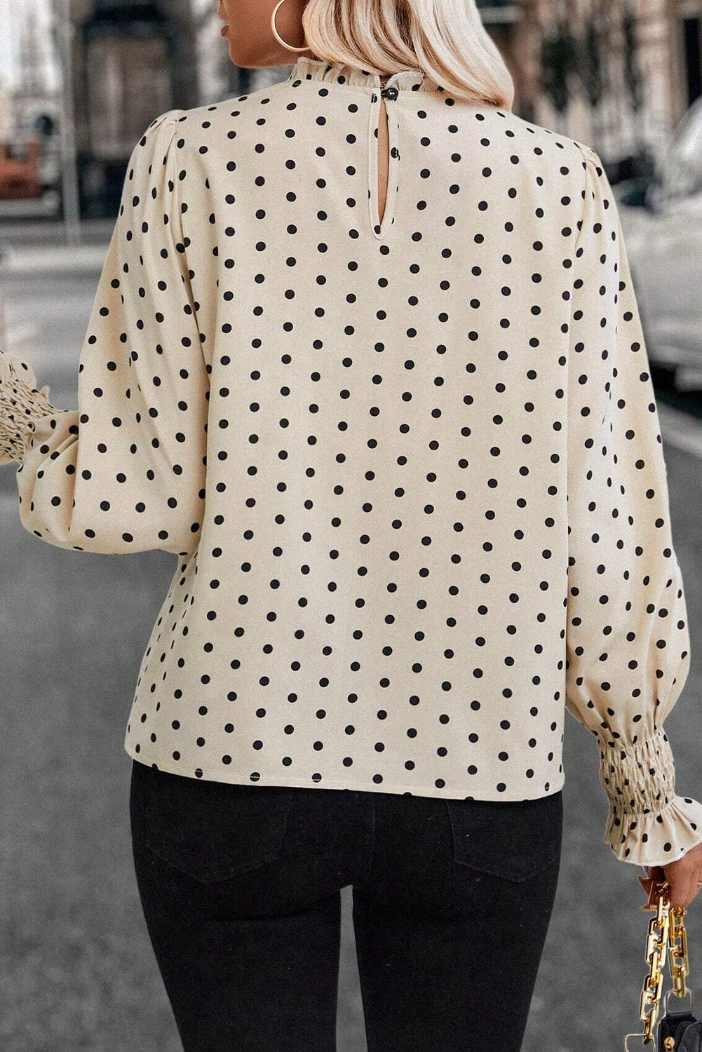 Apricot Polka Dot Print Frilled Collar Lantern Sleeve Blouse eAura