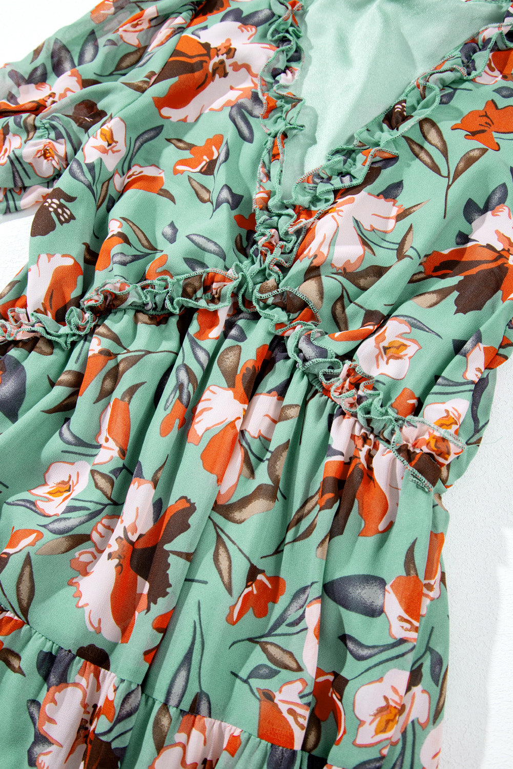 Floral Print Frilled V-Neck Short Sleeve Maxi Dress