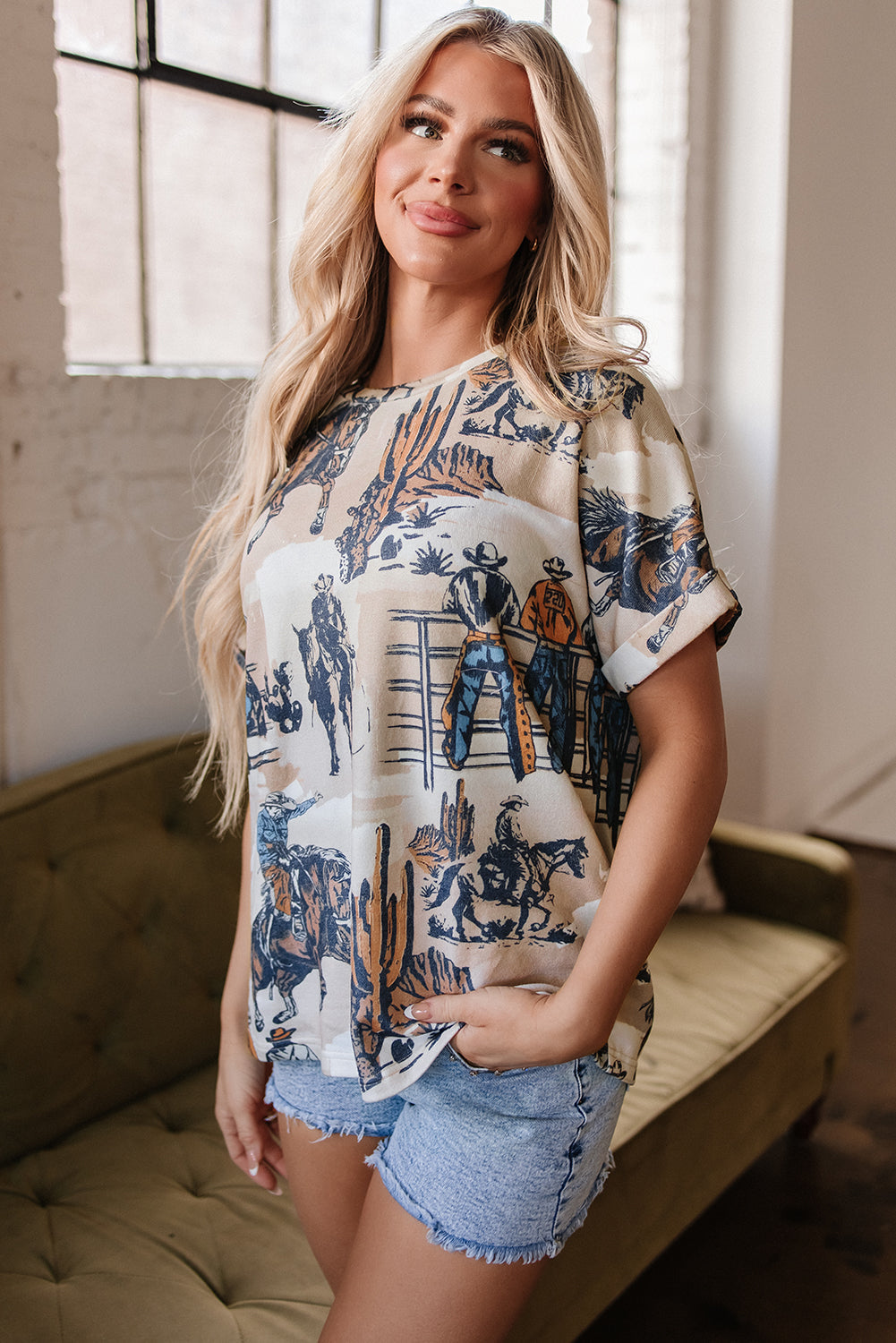 Khaki Western Cowboy Print Cuffed Sleeve Crewneck T Shirt eAura