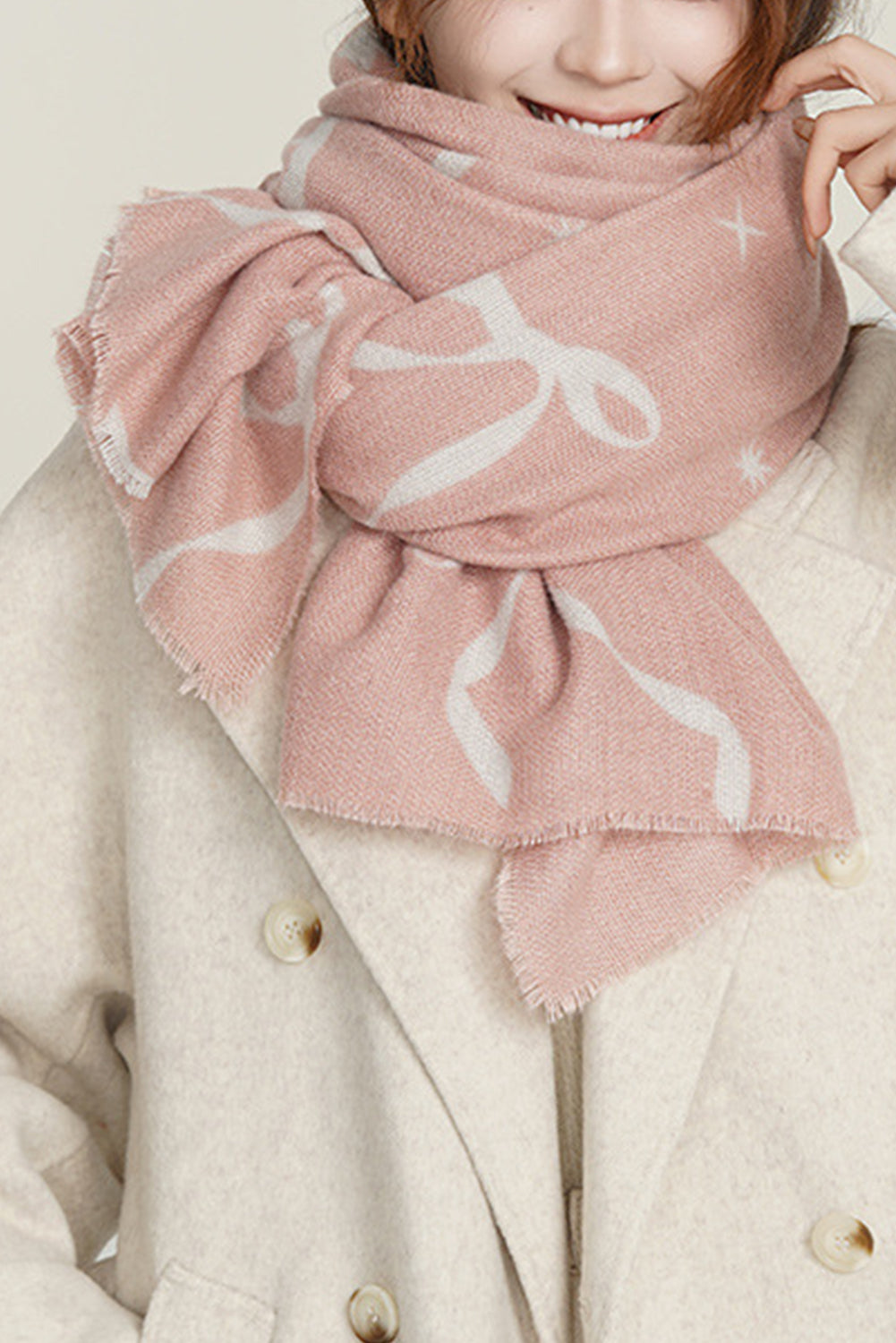 Pink Bow Star Print Raw Edge Lightweight Scarf Shewin