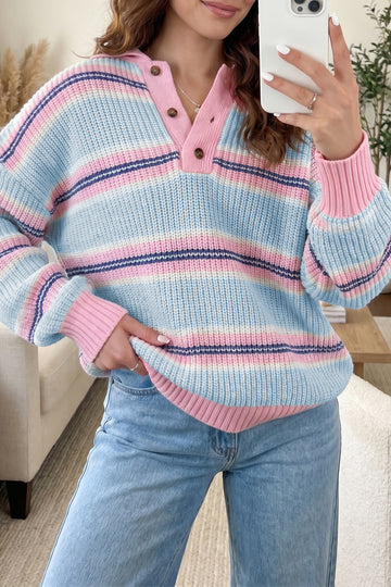 Striped Button Collar Long Sleeve Shift Fit Winter Knitwear Sweater – Sky Blue Stripe