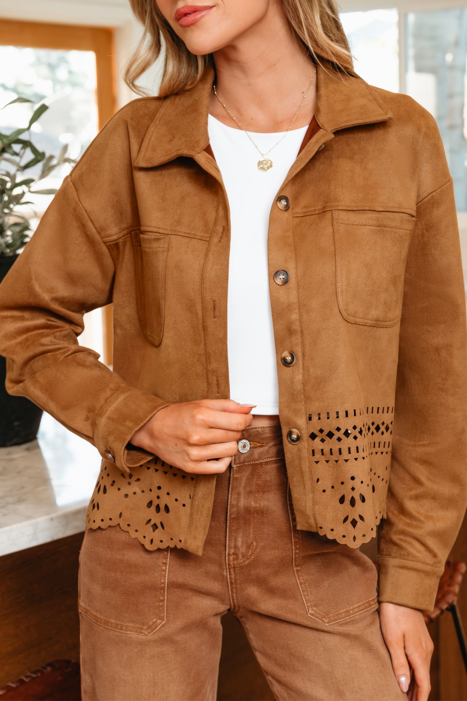 Faux Suede Hollowed Detail Retro Style Jacket - Outerwear/Jackets