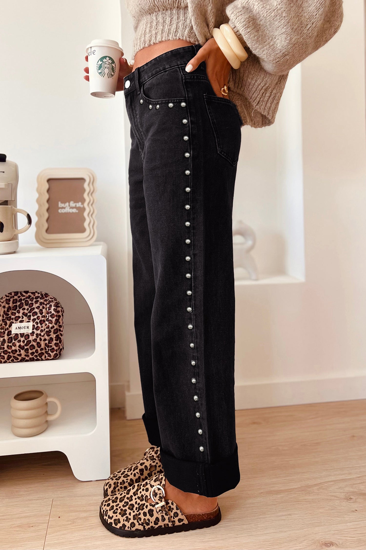 Studded Detail Straight Leg Casual Loose Jeans – Black