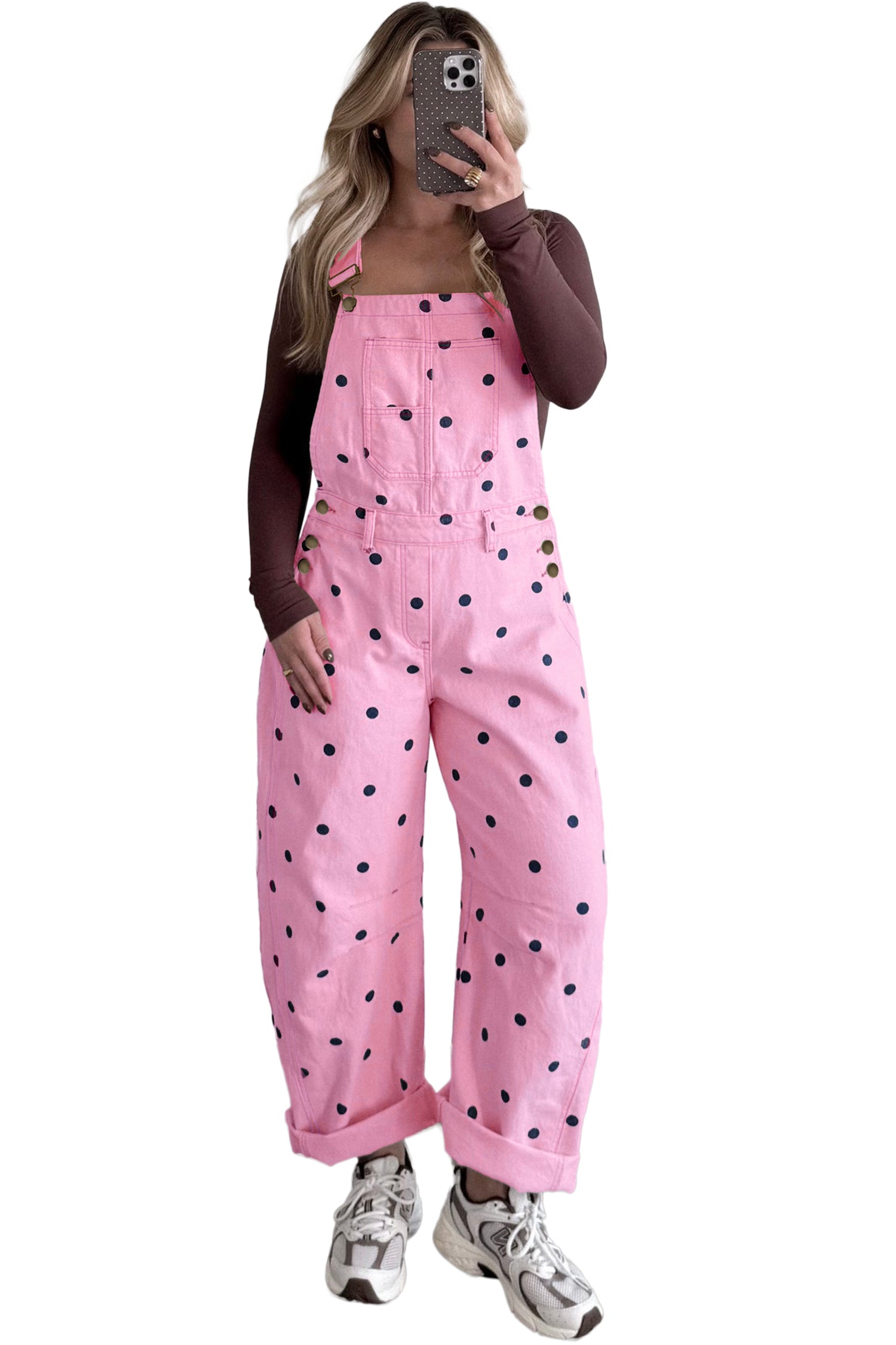 Polka Dot Print Bib Pocket Denim Barrel Overalls