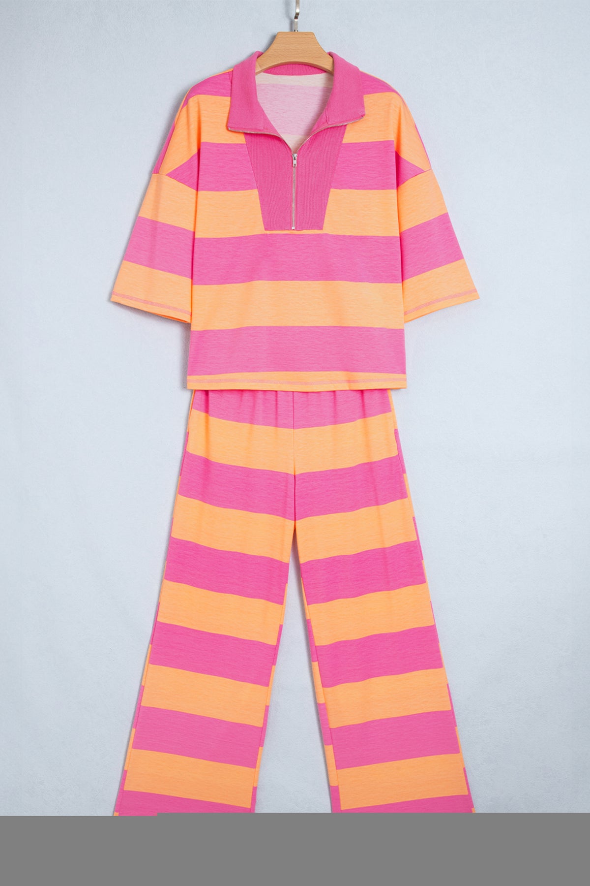 Colourblock Half Sleeve Top Casual Loose Pants 2pcs Set – Orange Stripe