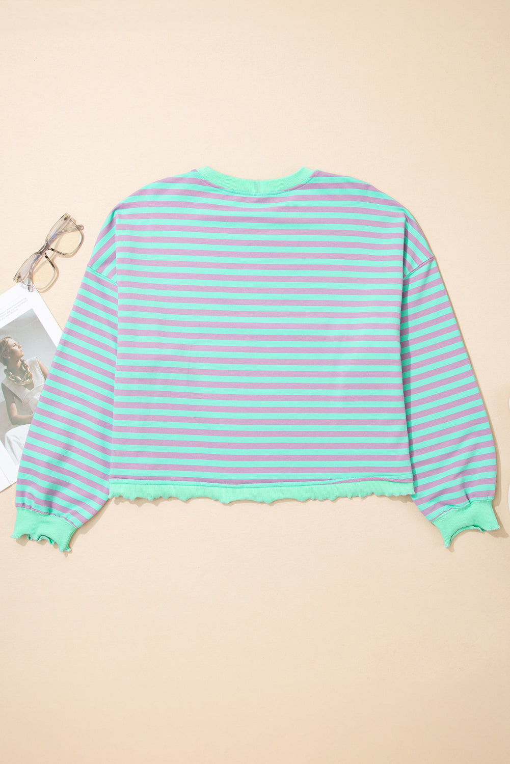 Green Stripe Exposed Seam Contrast Ribbed Trim Boxy Sweatshirt - eAura