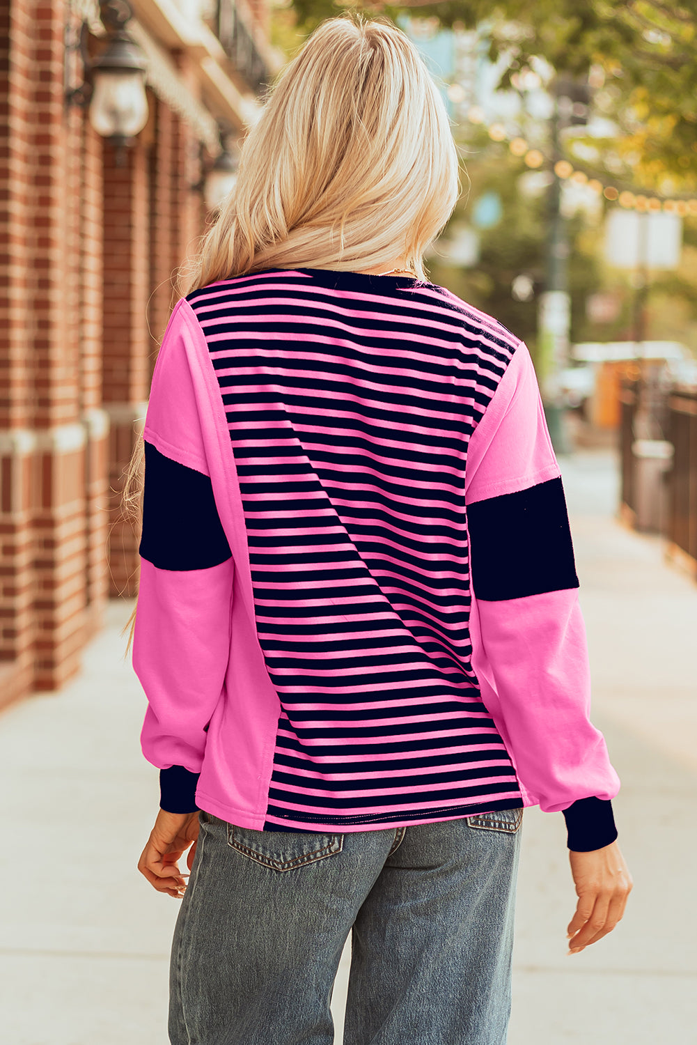 Pink Stripe V-Neck Loose Fit Long Sleeve Top - eAura