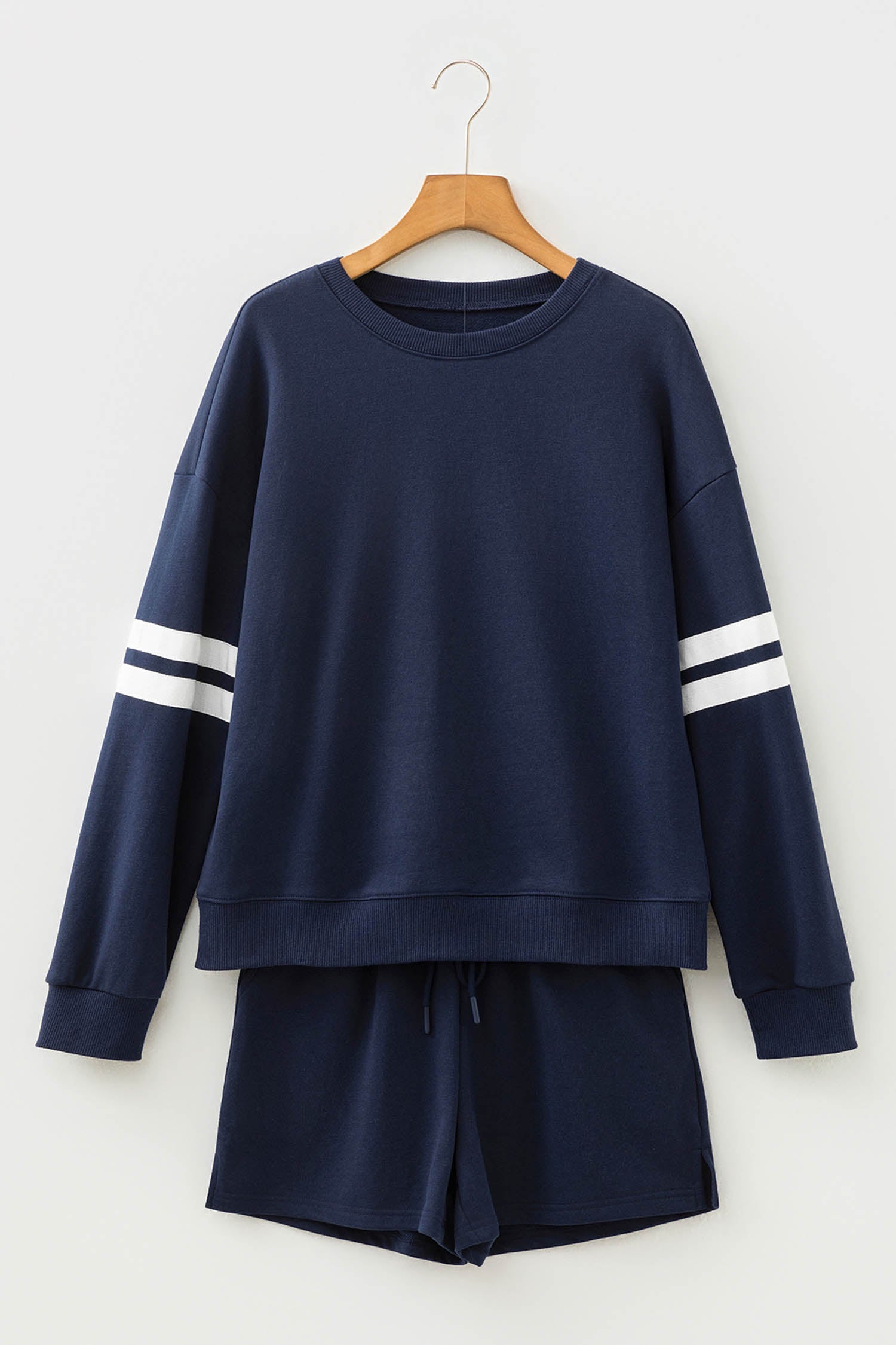 Varsity Striped Sleeve Drop Shoulder Sweatshirt and Shorts Co-ord Set