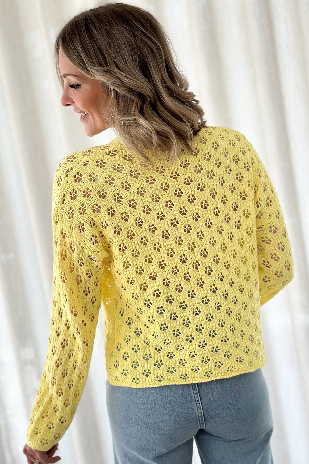 Yellow Pointelle Knit V Neck Sweater Cardigan - eAura