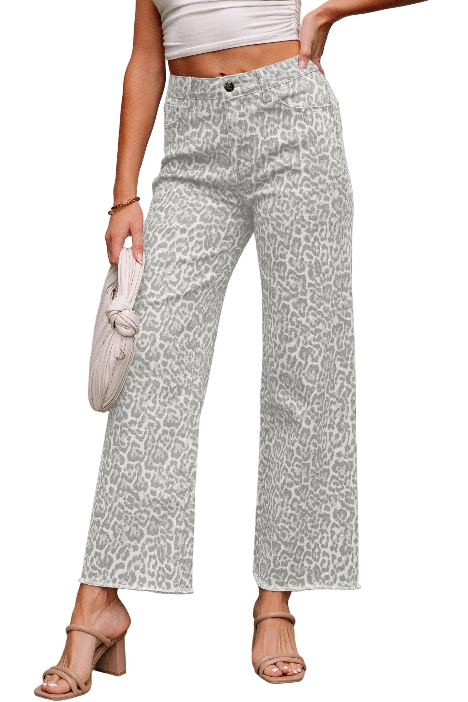 Leopard Frayed Edge Wide Leg High Waist Jeans