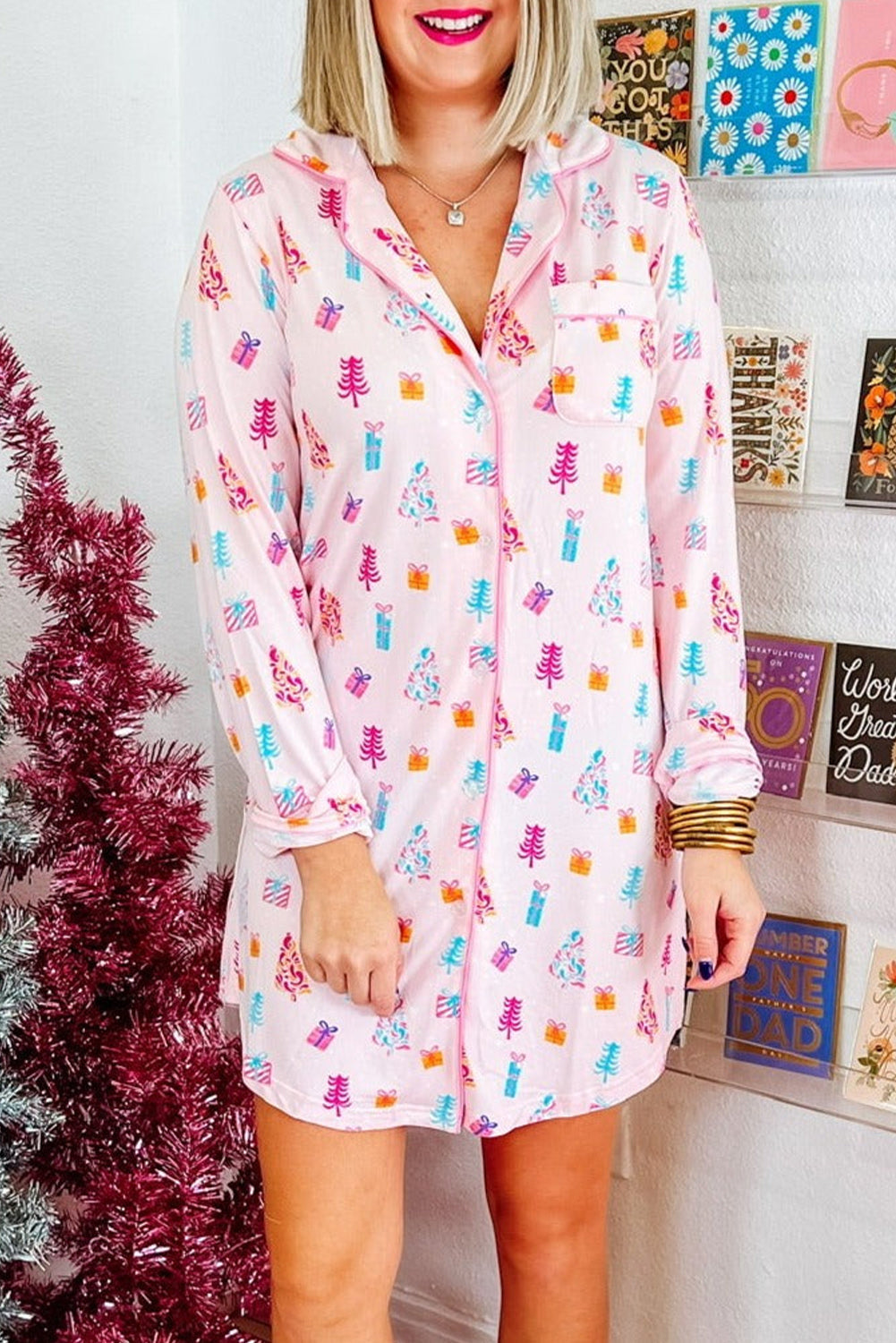 Pink Christmas Twinkle Tree Print Shirt Nightie Sleep Dress eAura
