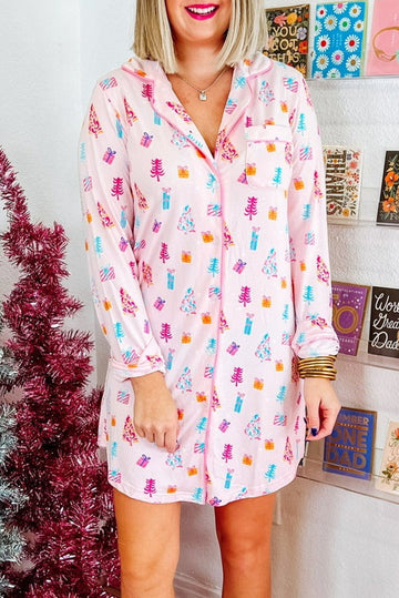 Pink Christmas Twinkle Tree Print Shirt Nightie Sleep Dress eAura