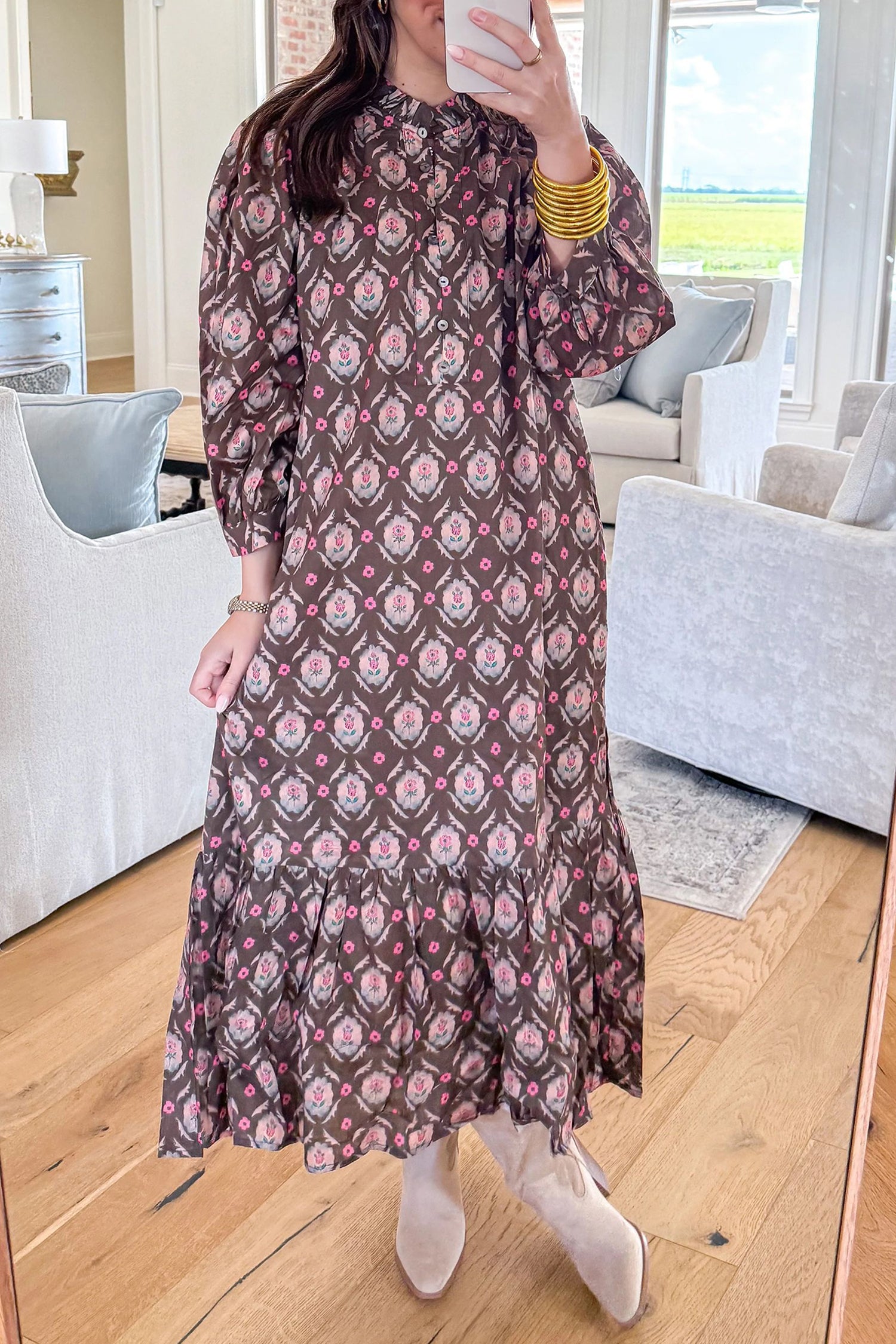Floral Print Button Front Ruffle Hem Midi Dress – Brown