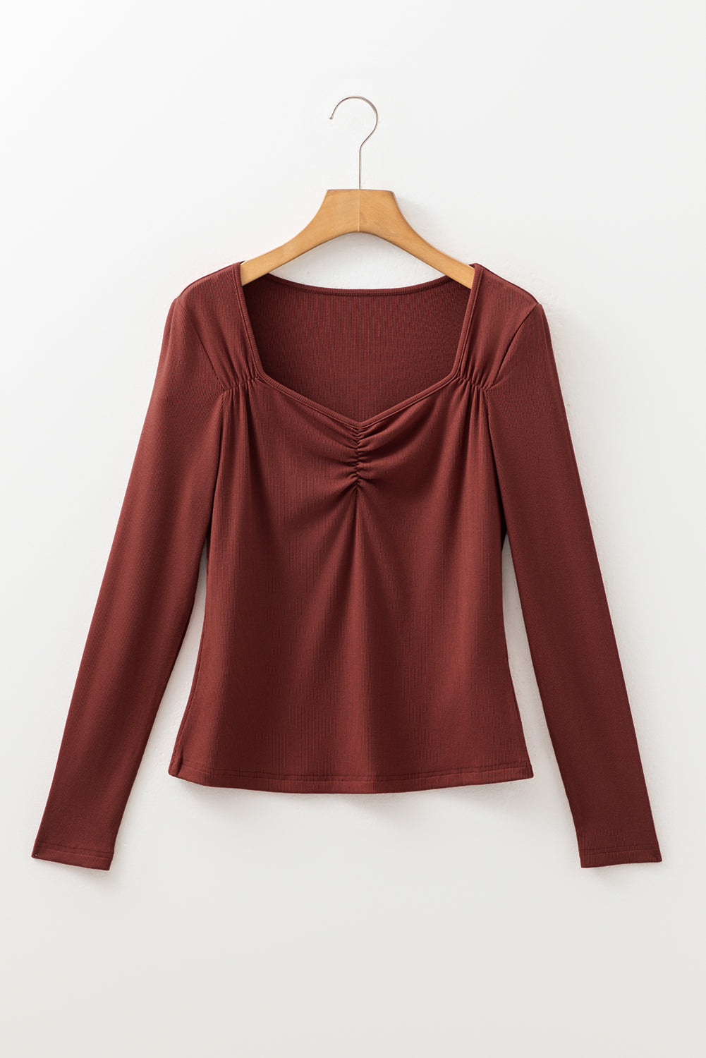 Gathered Bust Square Neck Ribbed Fit Long Sleeve Top - eAura
