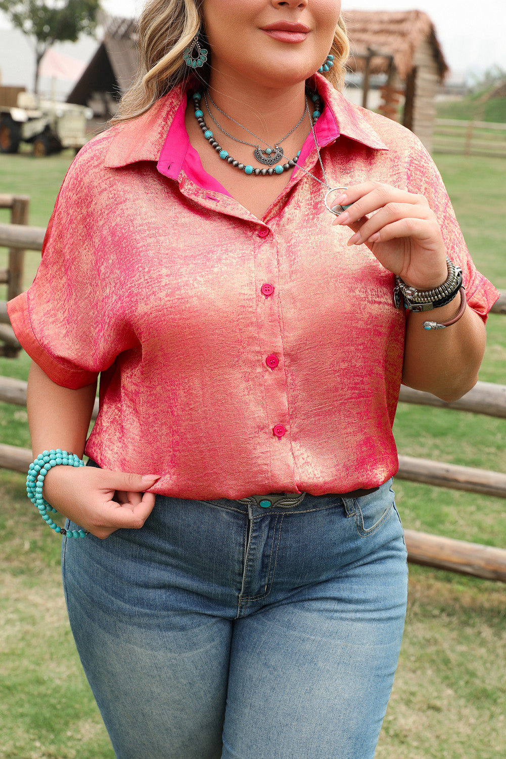 Rose Red Plus Size Metallic Sheen Short Sleeve Button Up Shirt BB Fashion Outlet
