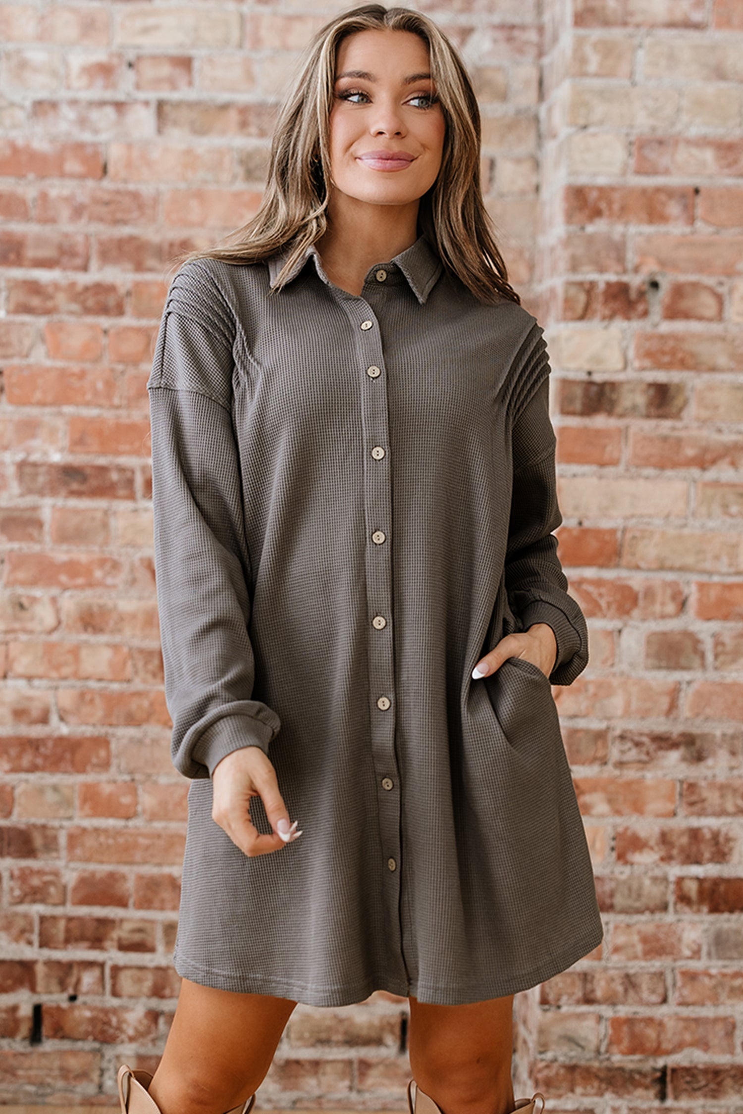 Waffle Knit Shirt Tunic Dress - eAura
