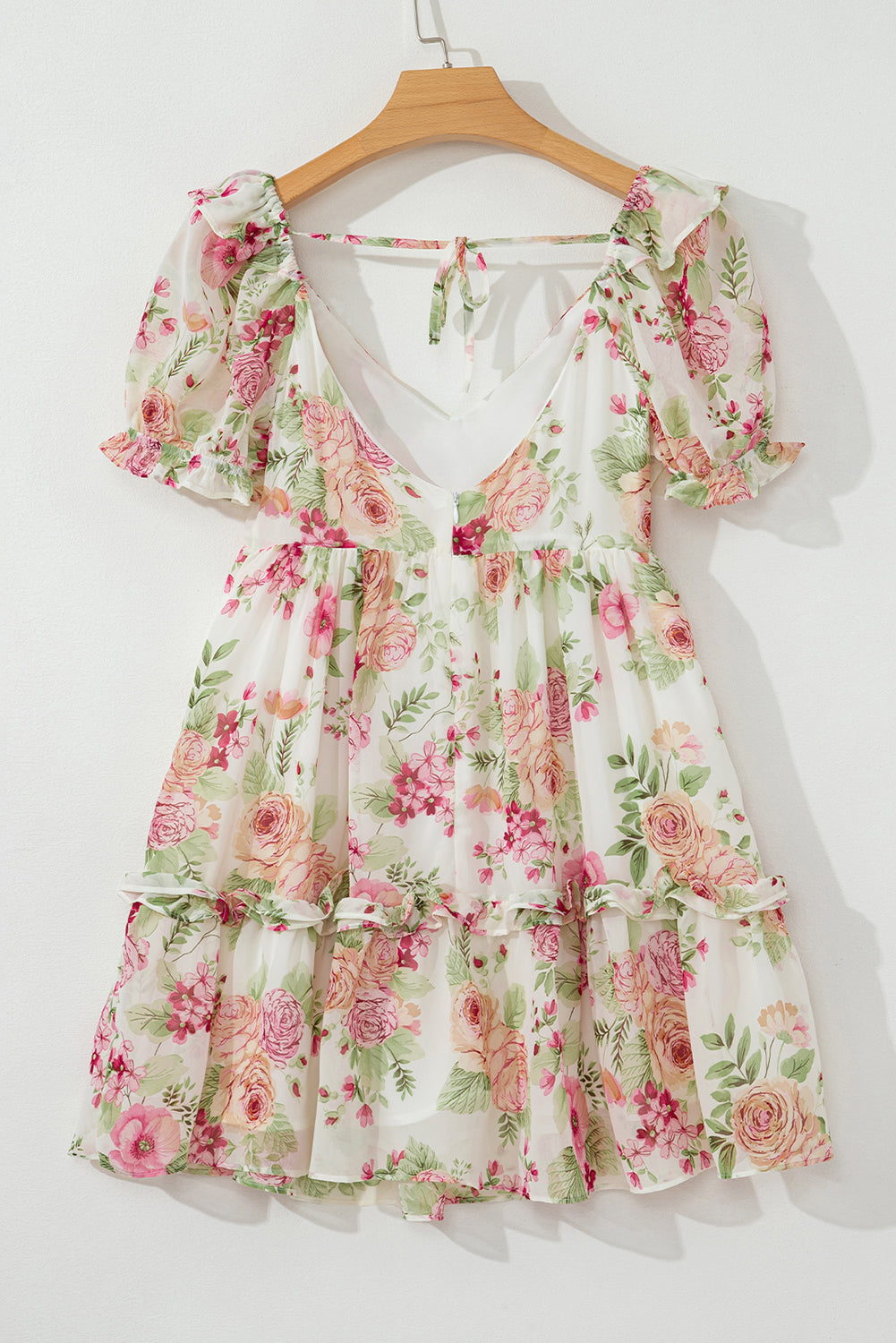 White Vibrant Floral Bubble Sleeve Sweetheart Neck Ruffle Mini Dress eAura