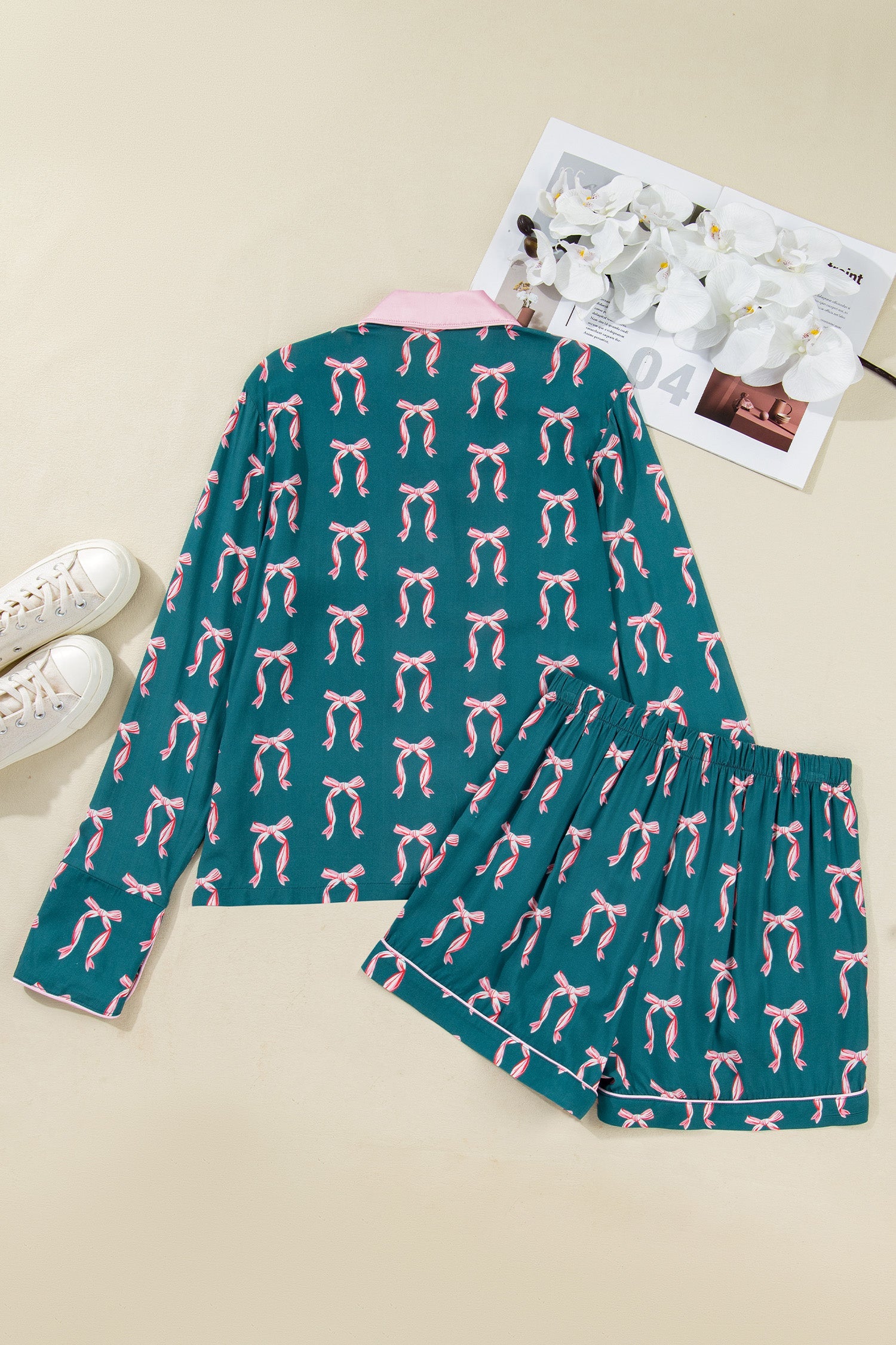 Green Ribbon Bow Print Long Sleeve Shirt and Shorts Pyjama Set - Loungewear & Sleepwear/Sleepwear