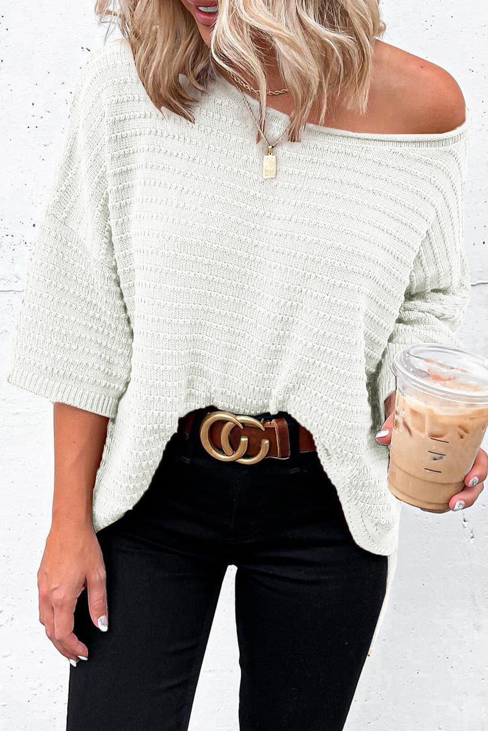 Textured Knit Drop Shoulder Short Sleeve Top eAura