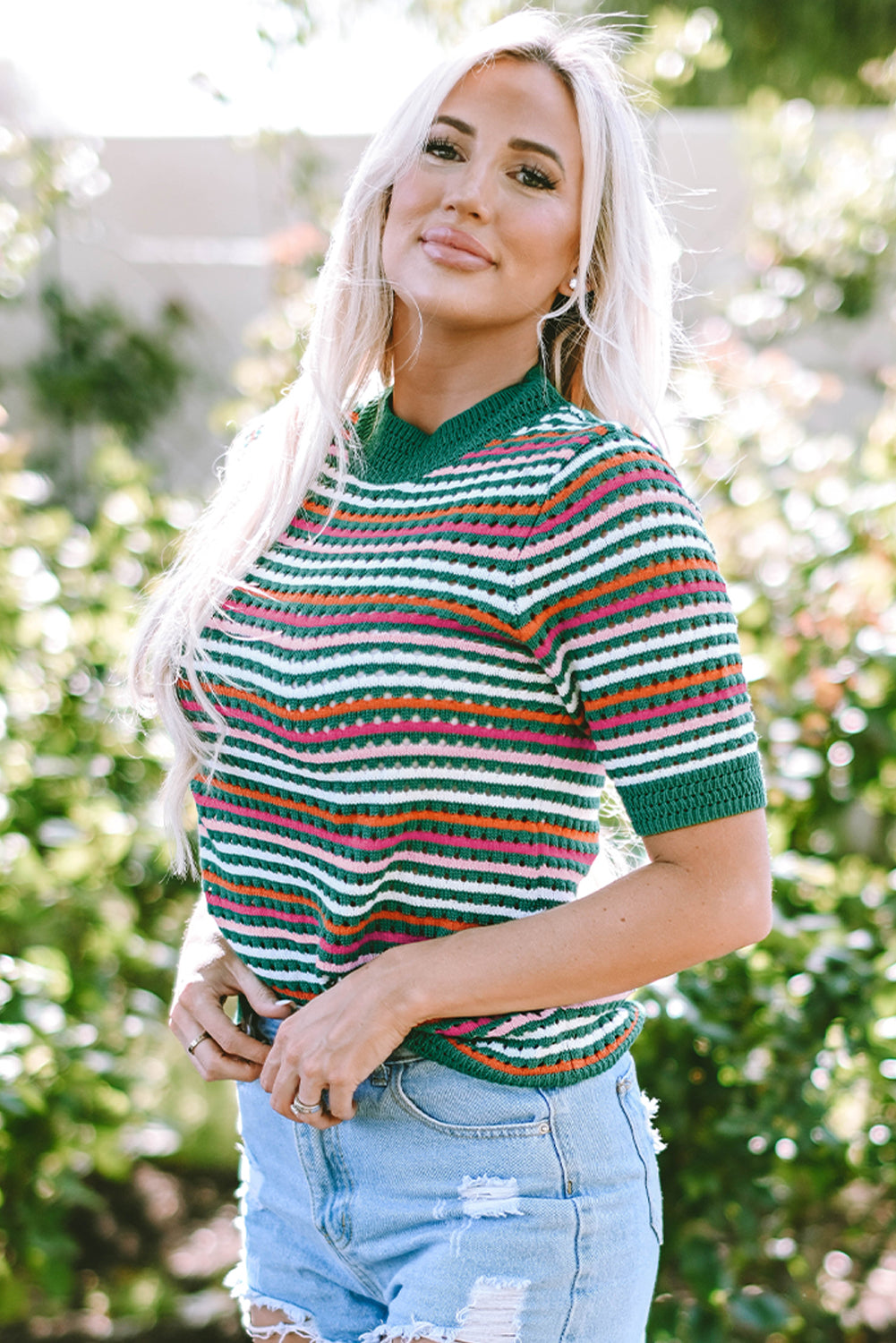Dark Green Striped Pattern Contrast Trim Pointelle Knit T Shirt eAura