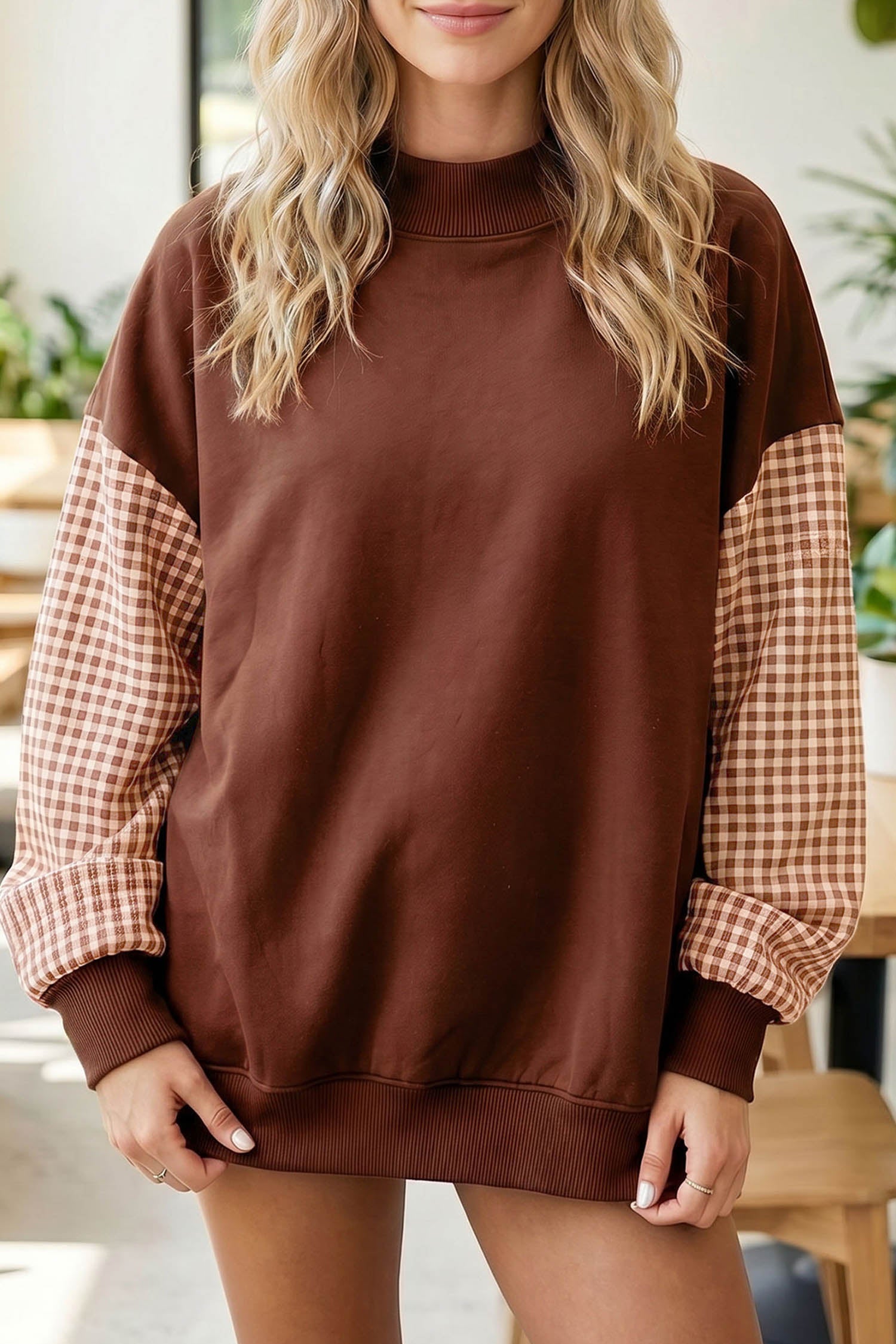 Plaid Sleeve Colorblock Loose Tunic Sweatshirt – Fiery Red