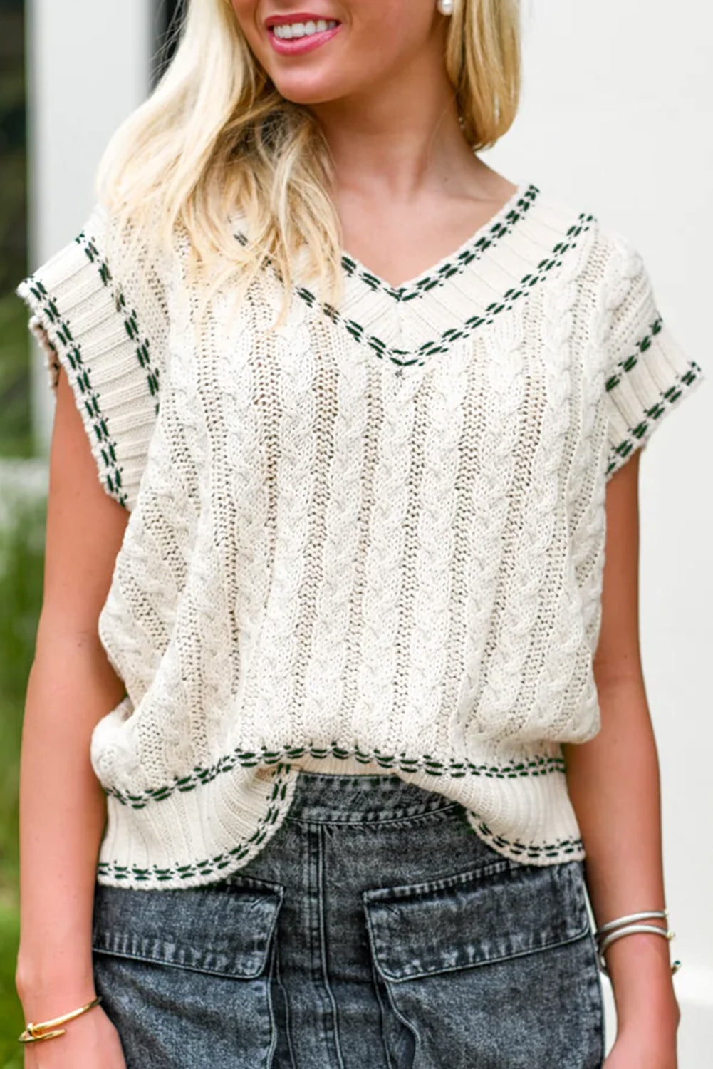 White Contrast Trim V Neck Cable Knit Sweater Vest eAura