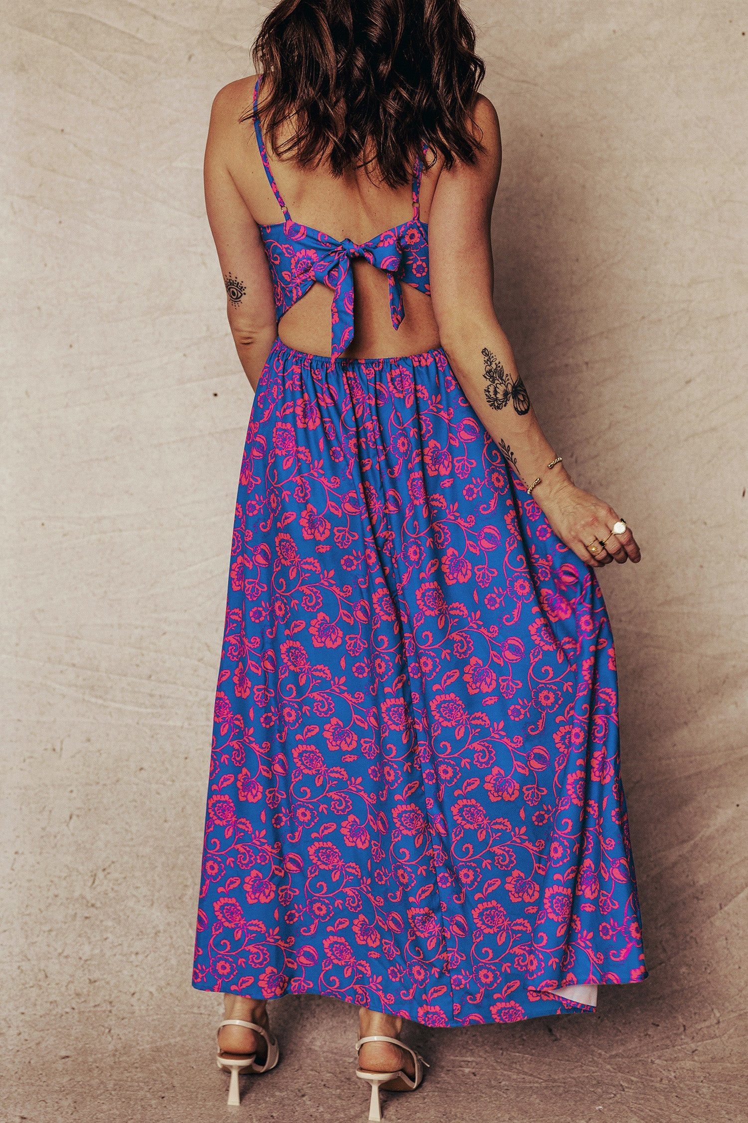 Blue Floral Print Twisted V-Neck Tied Backless Maxi Dress