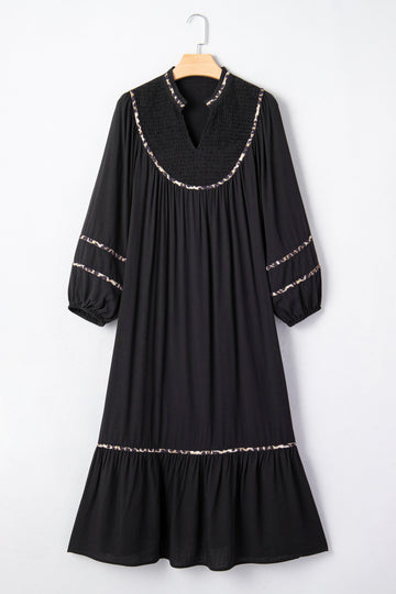 Contrast Leopard Trim Split Neck Long Sleeve Casual Midi Dress