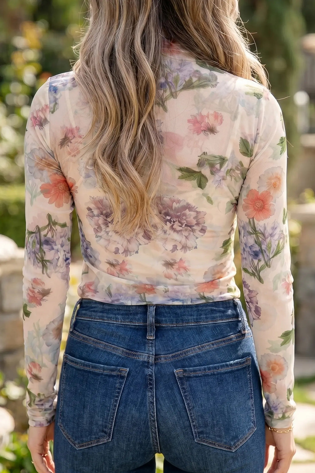 Apricot Floral Mesh Thumbhole Long Sleeve Slim Top – Beige