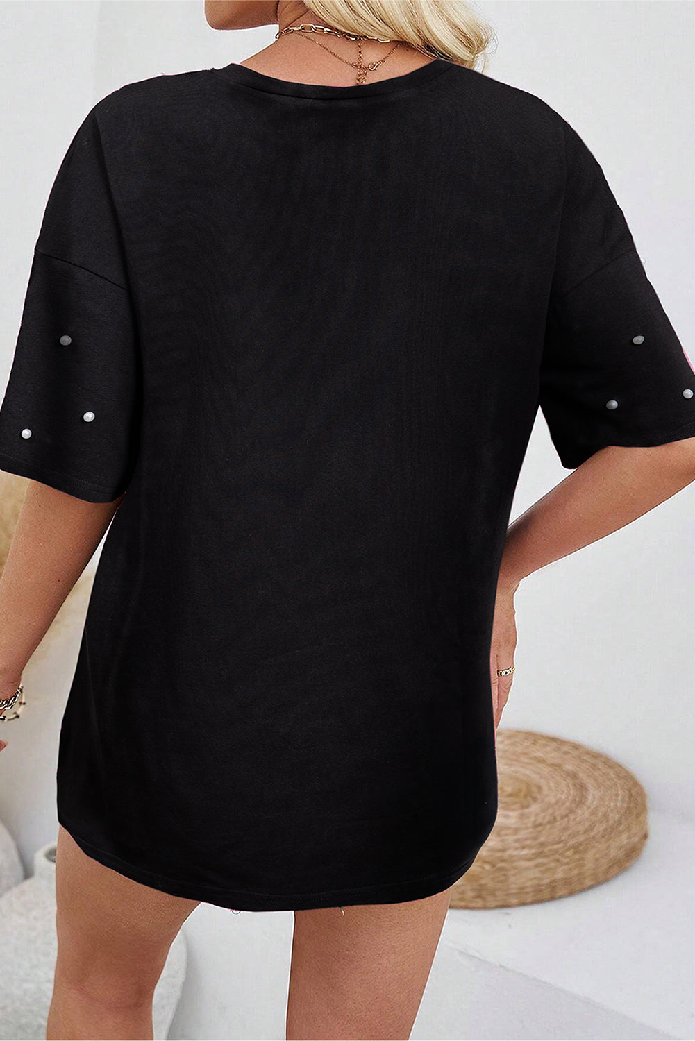 Black Pearl Beaded Drop Shoulder Crewneck T Shirt eAura