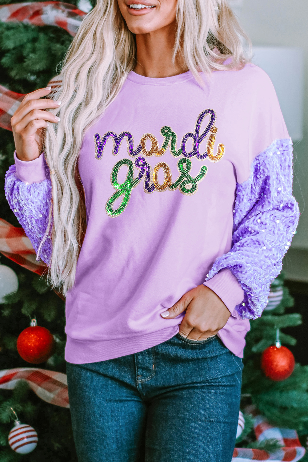 Orchid Petal mardi gras Graphic Sequin Patchwork Long Sleeve Top eAura