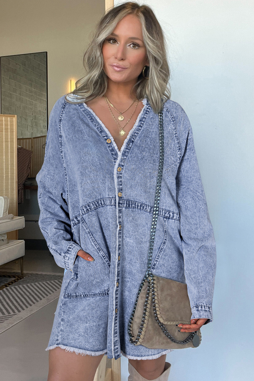 Beau Blue Mineral Wash Long Sleeve Button Up Raw Hem Pocketed Denim Dress eAura