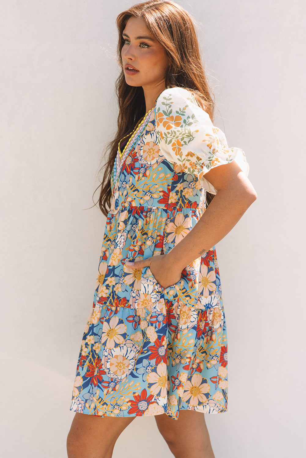 Multicolour Boho Floral Print Crochet Patchwork V Neck Loose Mini Dress eAura