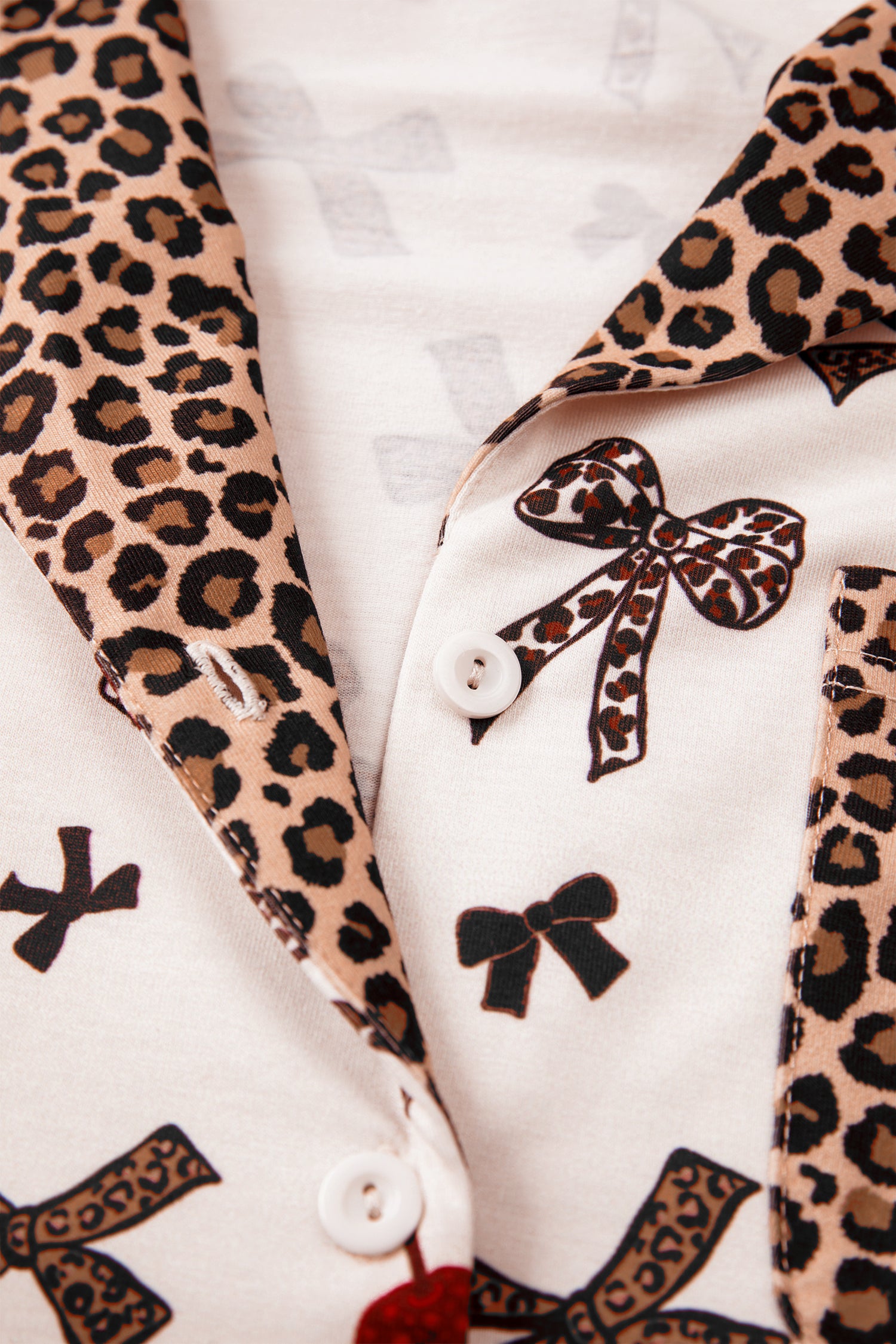 Chic Bow Cherry Print Leopard Contrast Shirt and Drawstring Pyjams