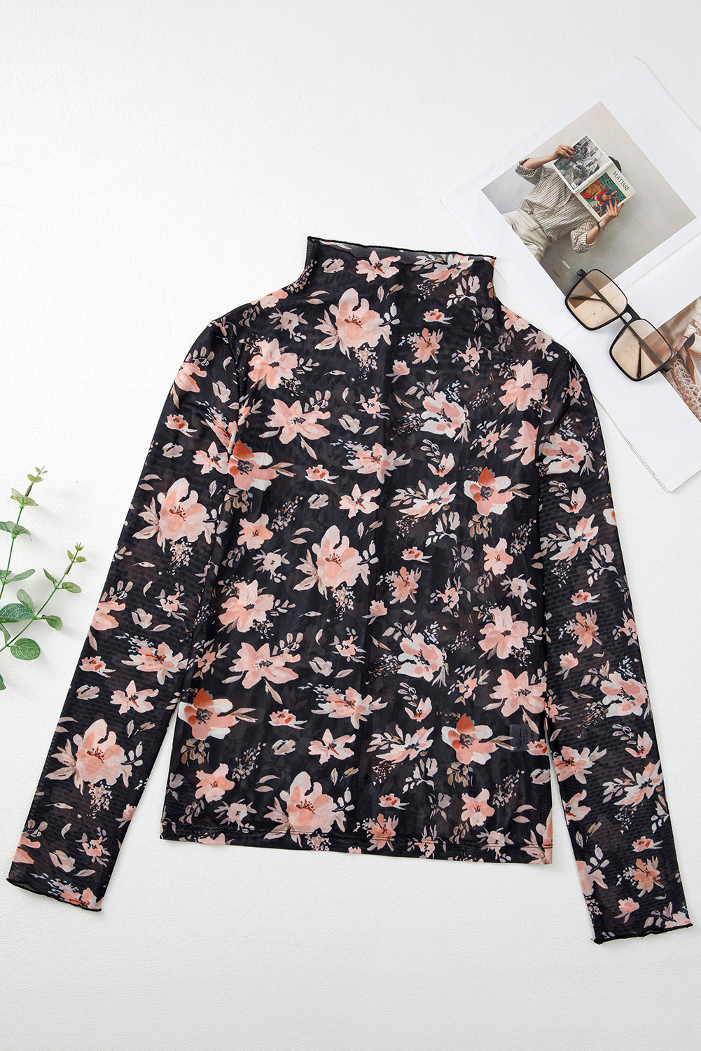 Black Floral Mesh Mock Neck Long Sleeve Slim Fit Top eAura
