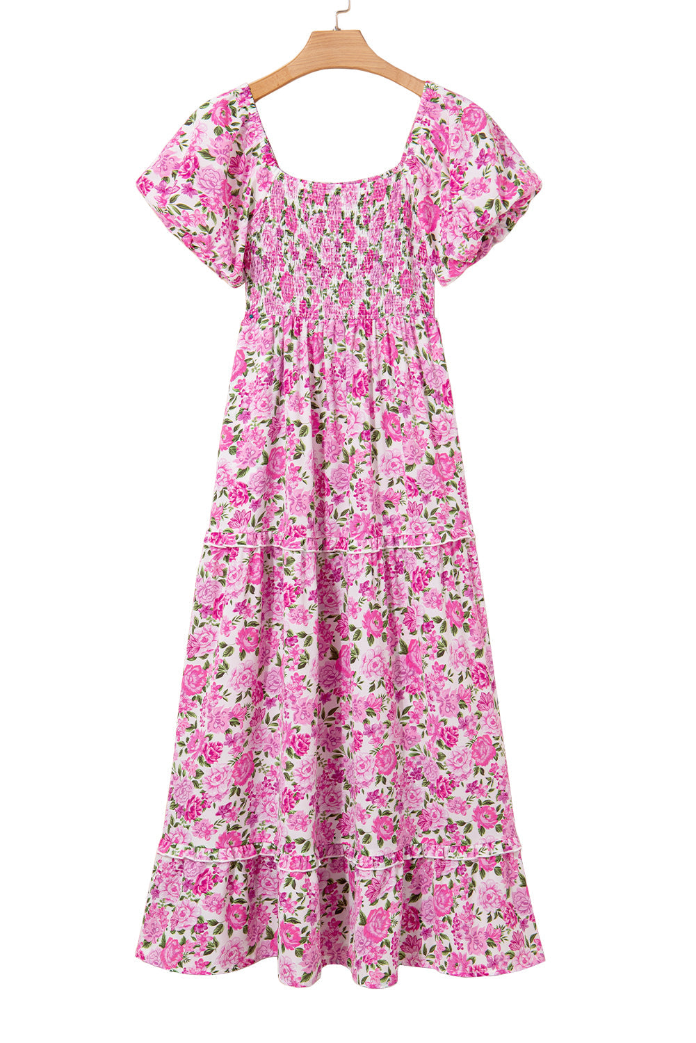 Pink Dainty Floral Smocked Puff Sleeve Flowy Long Dress eAura