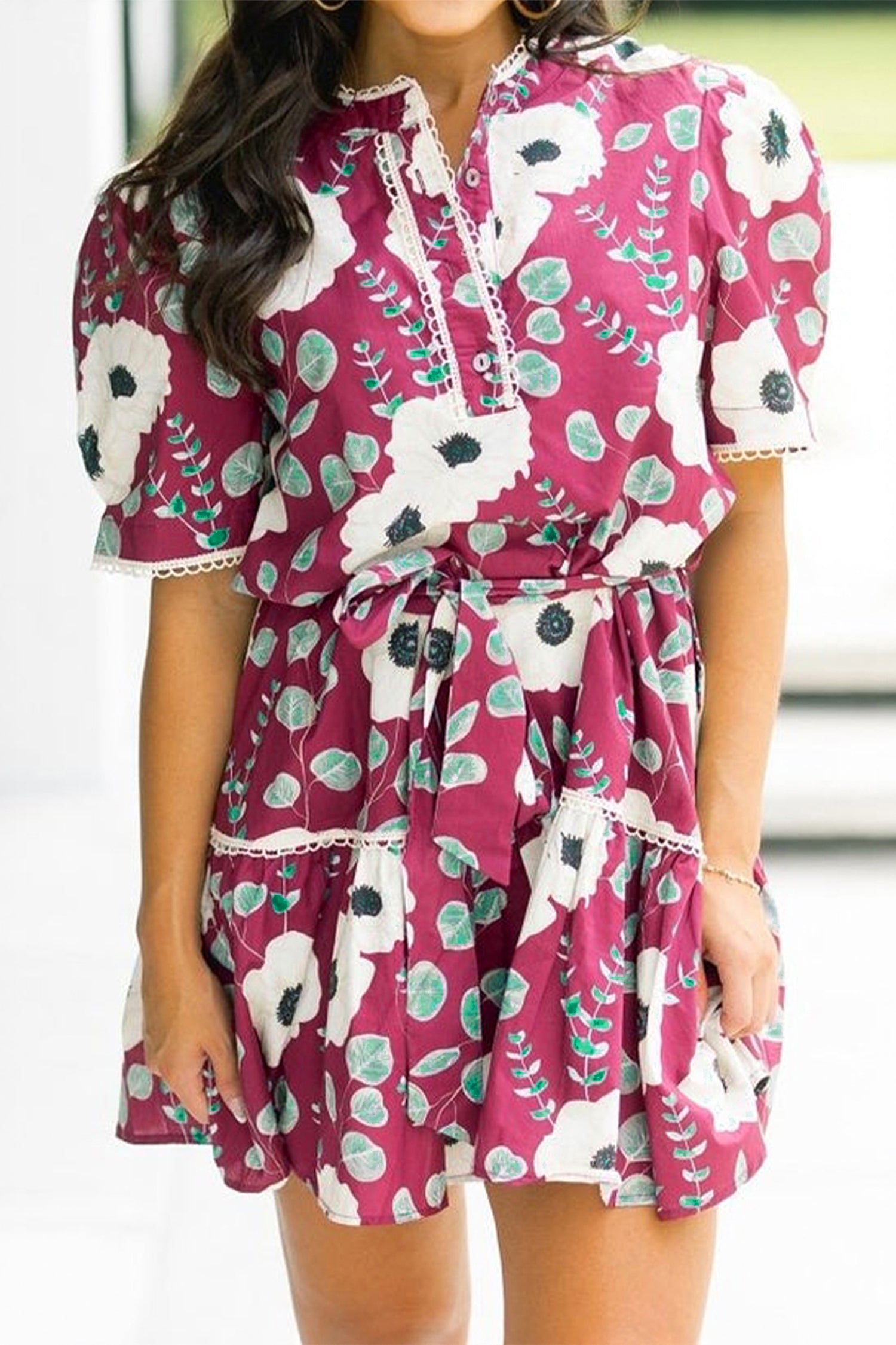 Floral Print Trimmed Short Puff Sleeve Mini Dress with Belt